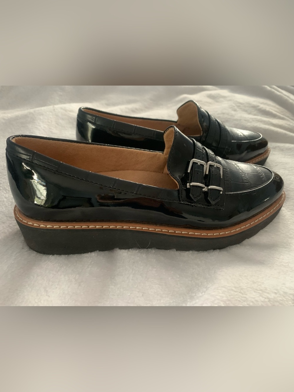 Naturalizer NWOT Eiffel Slip-On Loafers in Black Croc Double Buckles 7 1/2